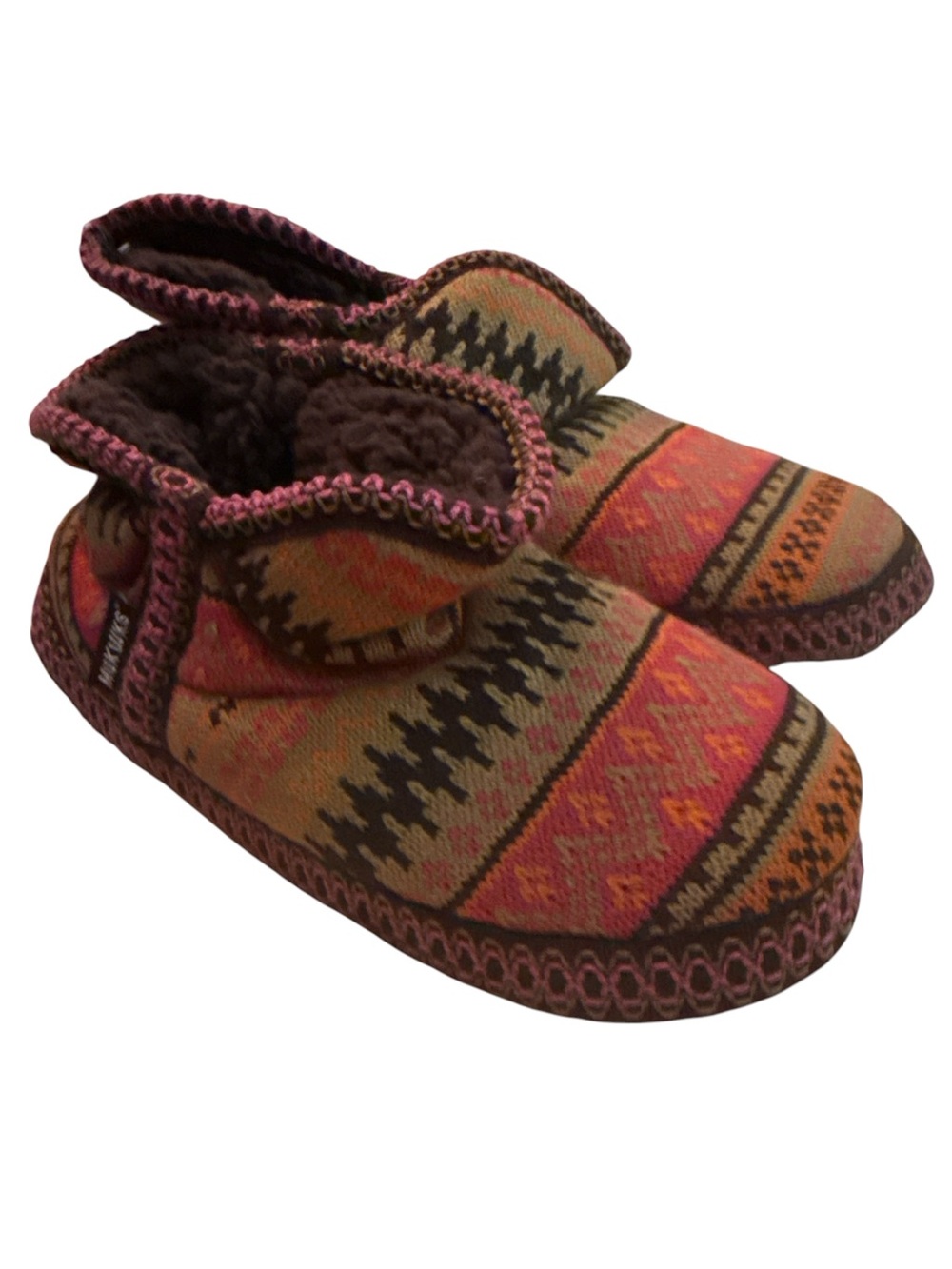 Muk Luks Women's Aztec Knit Slip-On Slippers - Pink, Brown & Orange